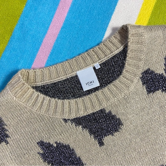 ICHI Womens Golden Silver Animal Print Knit Pullover Jumper Sz Small Oversize - Picture 3 of 8